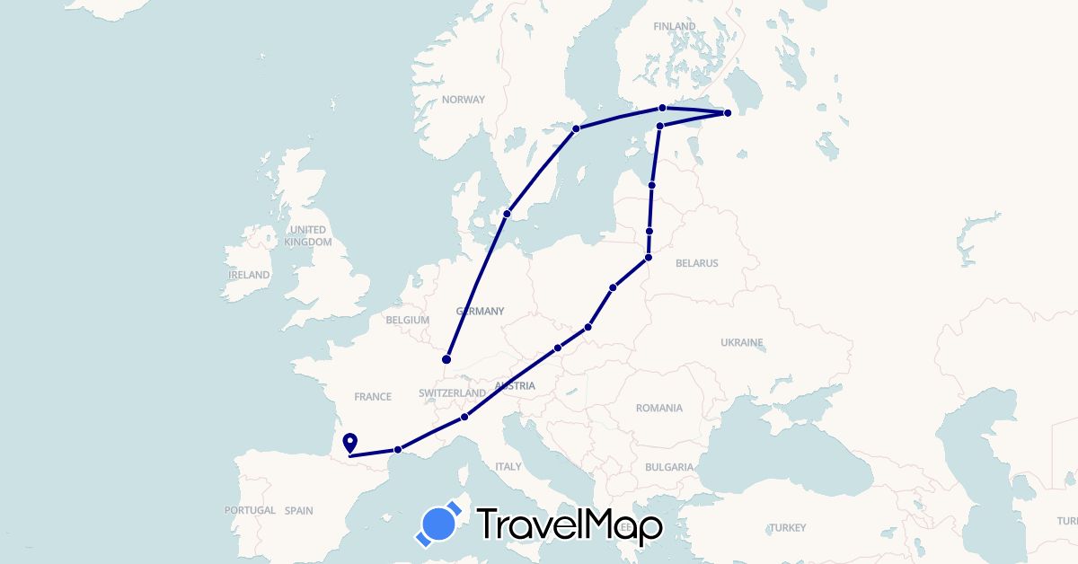 TravelMap itinerary: driving in Belarus, Czech Republic, Denmark, Estonia, Finland, France, Italy, Lithuania, Latvia, Poland, Russia, Sweden (Europe)